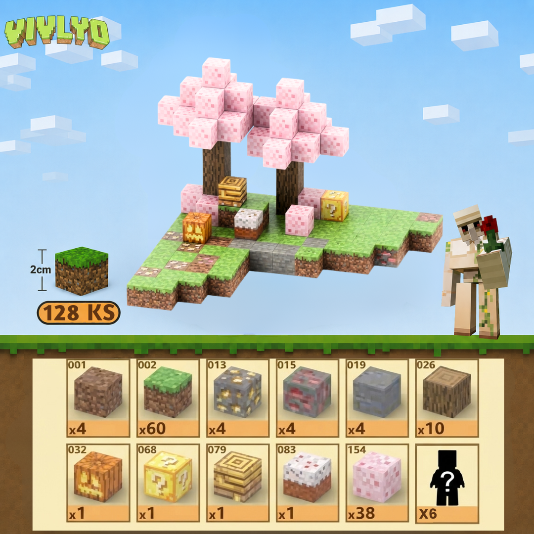 Minecraft magnetická stavebnice - 128 kusů + 6 figurky