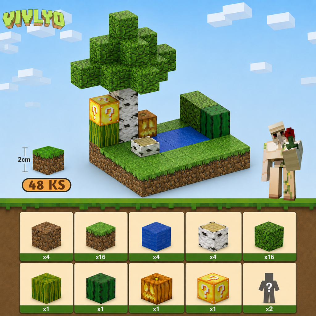 Minecraft magnetická stavebnice - 48 kusů + 2 figurky